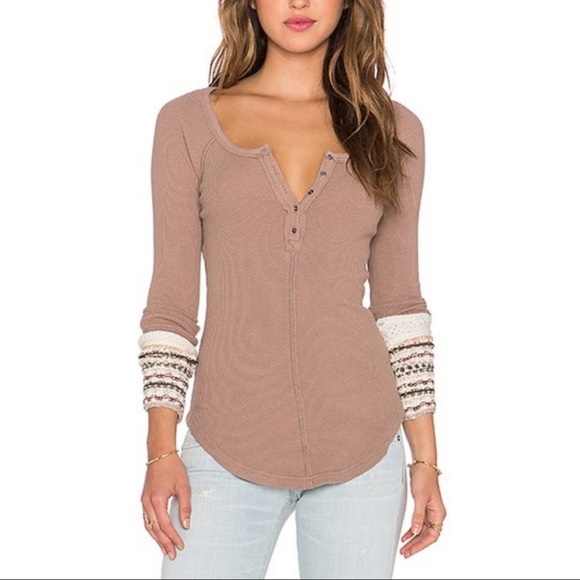 Free People Tops - Free People Tan Lodge Ski Cuff Thermal Tee Shirt M